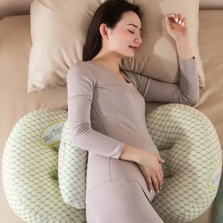 "Premium maternity body pillow with cotton cover, ergonomic design, full-body support for comfort and alignment, hypoallergen