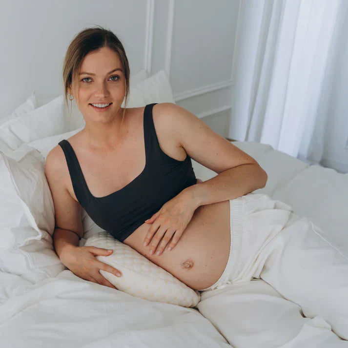 "Premium maternity body pillow with cotton cover, ergonomic design, full-body support for comfort and alignment, hypoallergen