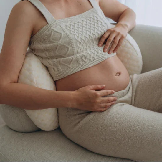 "Premium maternity body pillow with cotton cover, ergonomic design, full-body support for comfort and alignment, hypoallergen