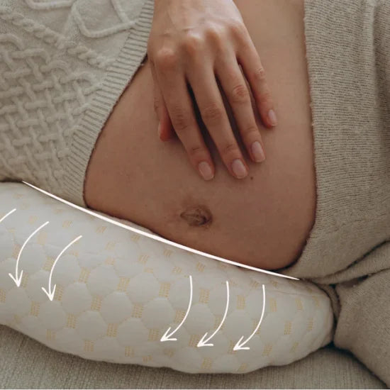 "Premium maternity body pillow with cotton cover, ergonomic design, full-body support for comfort and alignment, hypoallergen
