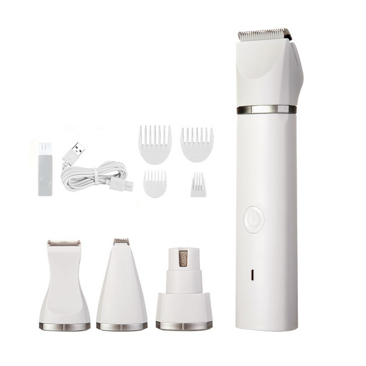 "Premium silent pet grooming kit with clippers and nail care tools for stress-free trimming, shown on a white background."