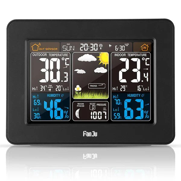 Premium wireless home weather station with vibrant LCD display, dynamic icons, and sleek design for accurate indoor/outdoor d