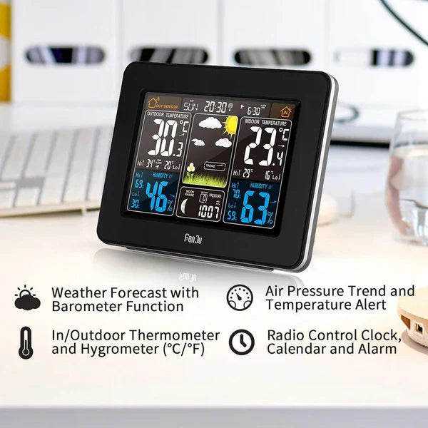 Premium wireless home weather station with vibrant LCD display, dynamic icons, and sleek design for accurate indoor/outdoor d