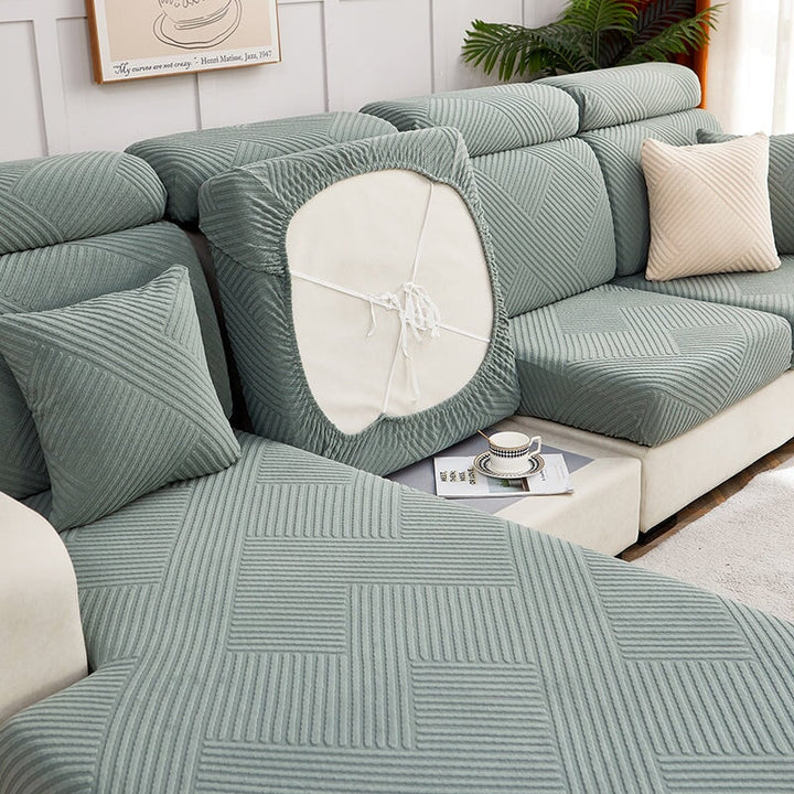 "Premium zig zag sectional sofa cover; modern, durable fabric, adds style and protection; ideal for pet-friendly homes."