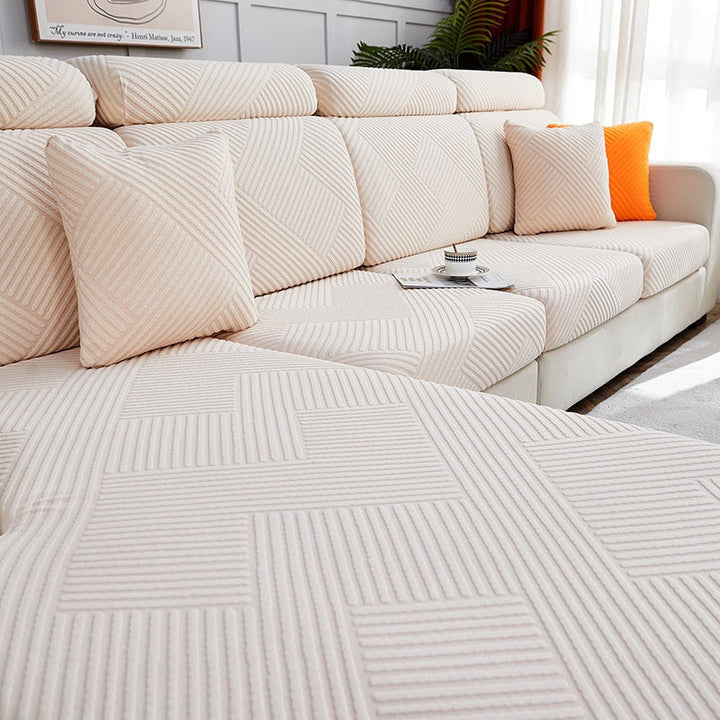 "Premium zig zag sectional sofa cover; modern, durable fabric, adds style and protection; ideal for pet-friendly homes."