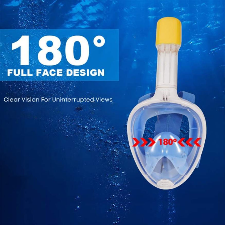 "Pro-grade snorkel mask for men and women, silicone build, anti-fog tempered glass, stylish design, ensures comfort and fit."
