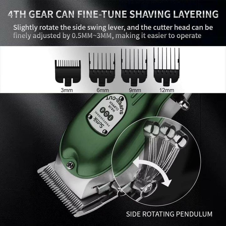 "Professional dog grooming kit with clippers, scissors, steel blades, guide combs, and accessories for at-home pet care."