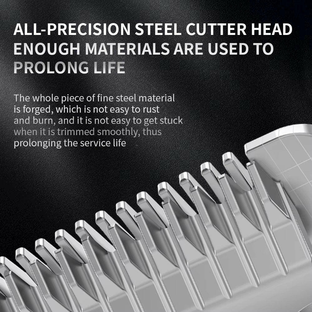 "Professional dog grooming kit with clippers, scissors, steel blades, guide combs, and accessories for at-home pet care."