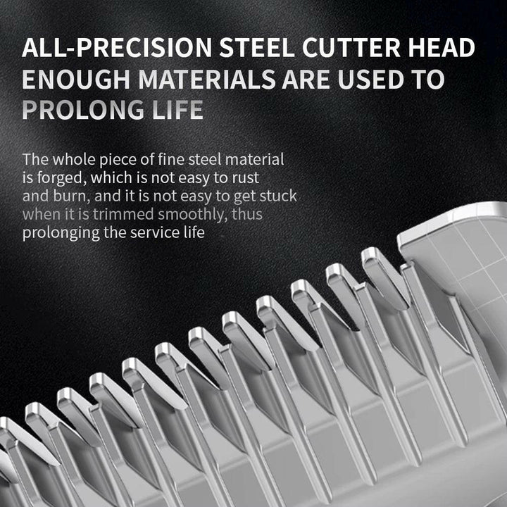 "Professional dog grooming kit with clippers, scissors, steel blades, guide combs, and accessories for at-home pet care."