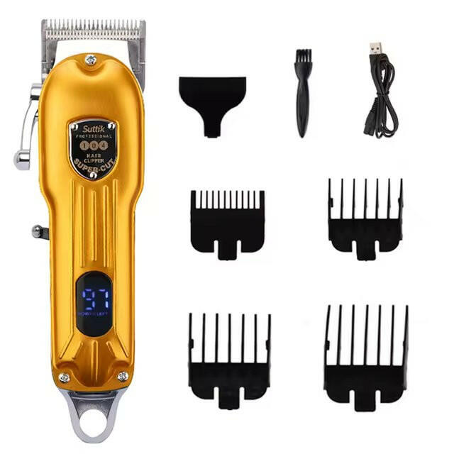 "Professional dog grooming kit with clippers, scissors, steel blades, guide combs, and accessories for at-home pet care."