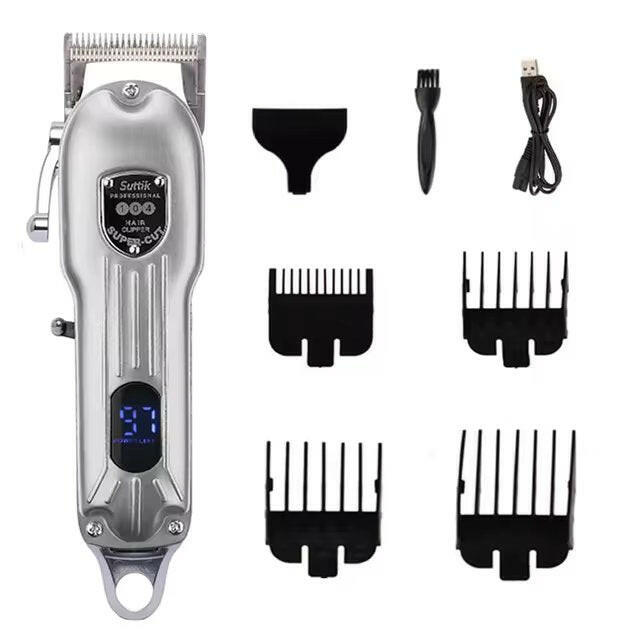 "Professional dog grooming kit with clippers, scissors, steel blades, guide combs, and accessories for at-home pet care."
