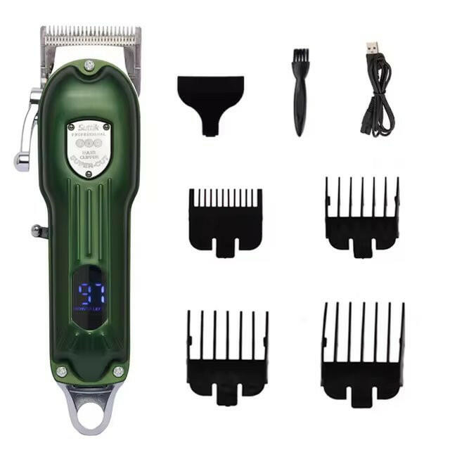 "Professional dog grooming kit with clippers, scissors, steel blades, guide combs, and accessories for at-home pet care."