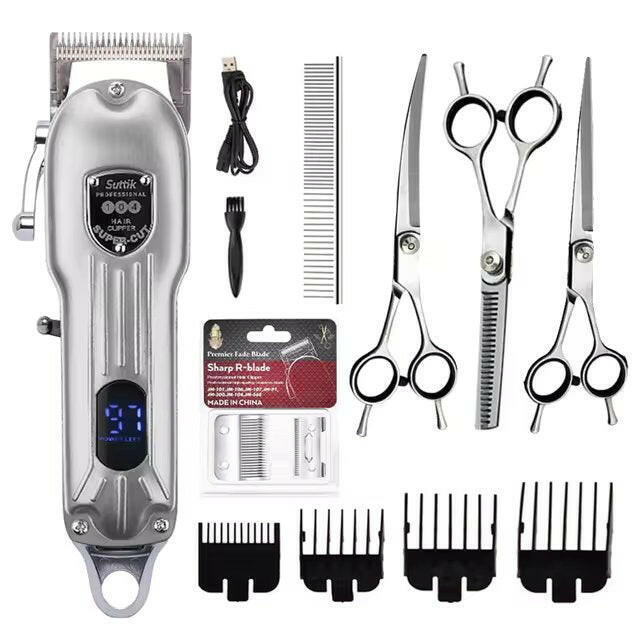 "Professional dog grooming kit with clippers, scissors, steel blades, guide combs, and accessories for at-home pet care."