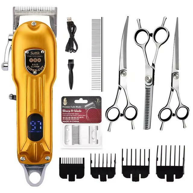 "Professional dog grooming kit with clippers, scissors, steel blades, guide combs, and accessories for at-home pet care."