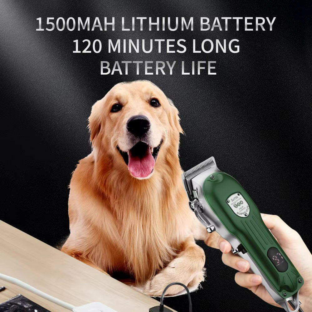 "Professional dog grooming kit with clippers, scissors, steel blades, guide combs, and accessories for at-home pet care."