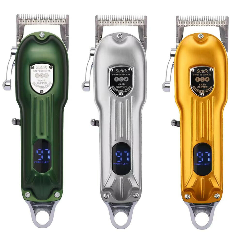 "Professional dog grooming kit with clippers, scissors, steel blades, guide combs, and accessories for at-home pet care."