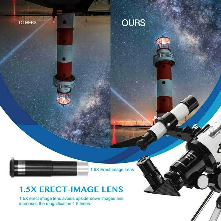 "Professional refracting telescope with 150x magnification on a tripod, ideal for stargazing and celestial observation."