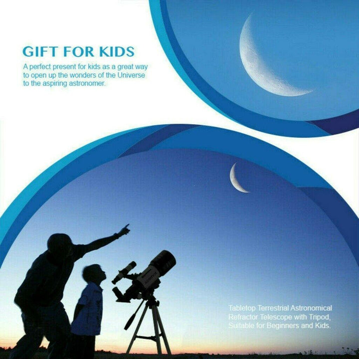 "Professional refracting telescope with 150x magnification on a tripod, ideal for stargazing and celestial observation."
