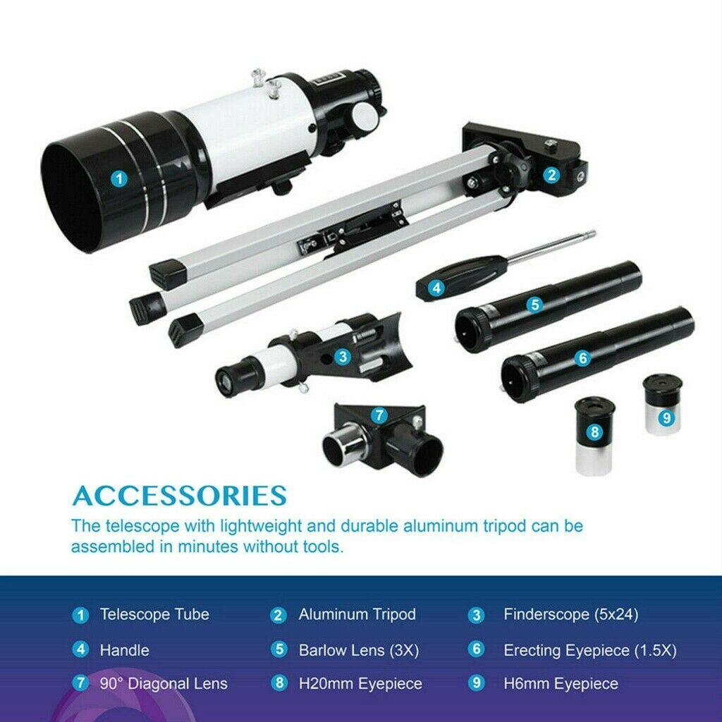 "Professional refracting telescope with 150x magnification on a tripod, ideal for stargazing and celestial observation."