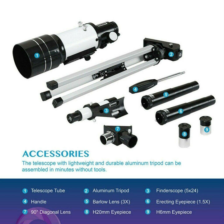 "Professional refracting telescope with 150x magnification on a tripod, ideal for stargazing and celestial observation."