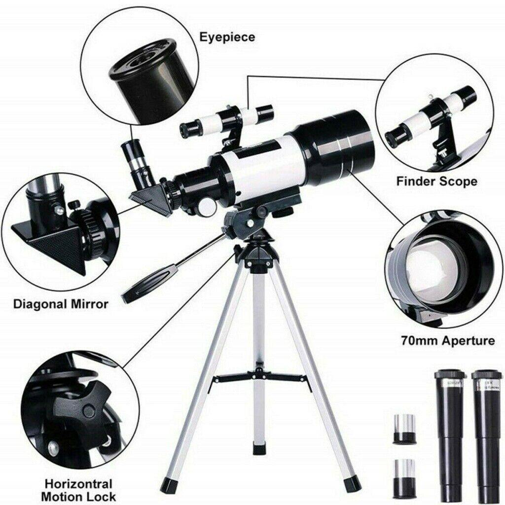 "Professional refracting telescope with 150x magnification on a tripod, ideal for stargazing and celestial observation."