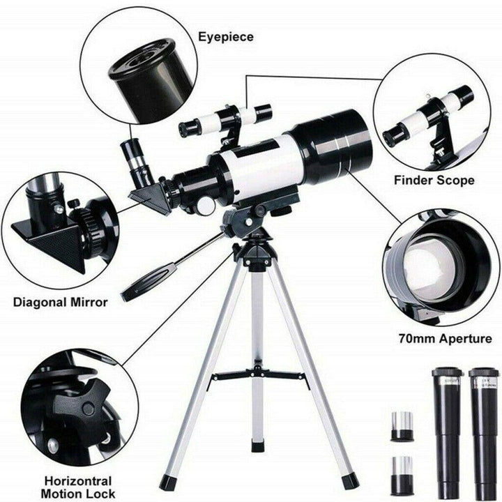 "Professional refracting telescope with 150x magnification on a tripod, ideal for stargazing and celestial observation."