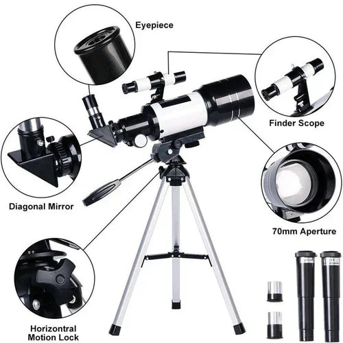 "Professional telescope with tripod for stargazing, featuring 70mm aperture, ideal for moon watching and celestial viewing."
