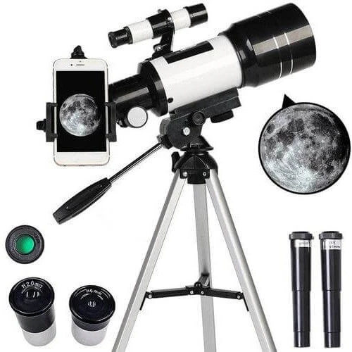 "Professional telescope with tripod for stargazing, featuring 70mm aperture, ideal for moon watching and celestial viewing."