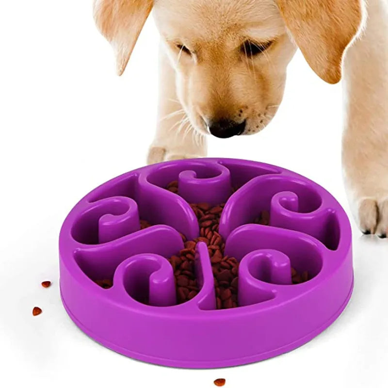 "Purple slow feeder dog bowl with anti-flip base, featuring engaging grooves for slower eating and better digestion."