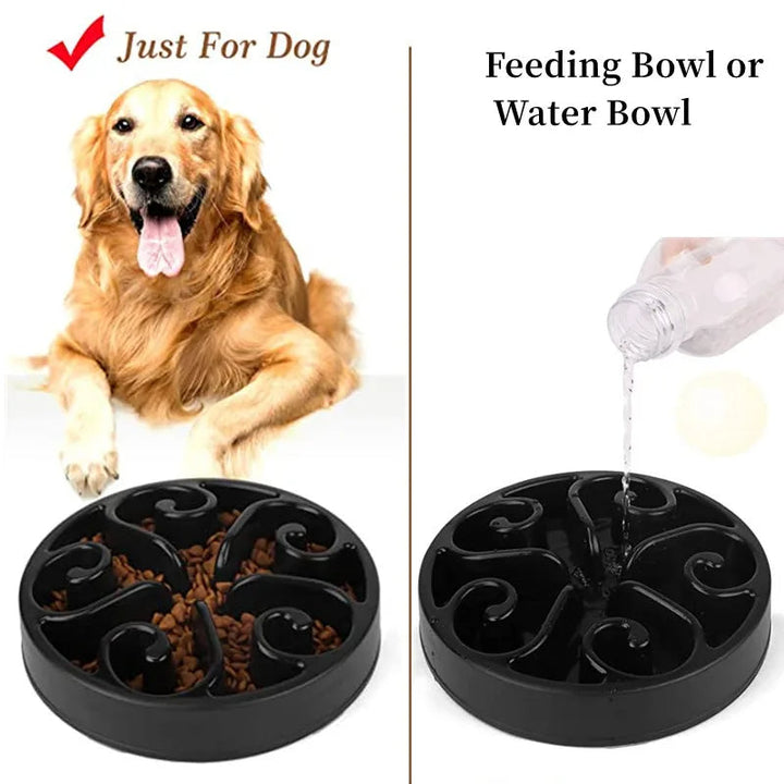 "Purple slow feeder dog bowl with anti-flip base, featuring engaging grooves for slower eating and better digestion."