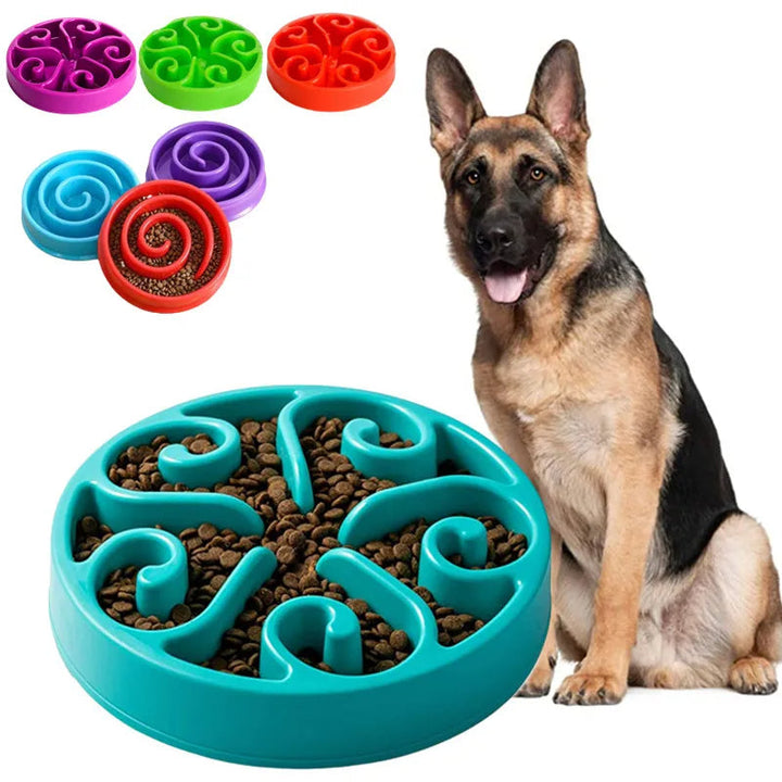 "Purple slow feeder dog bowl with anti-flip base, featuring engaging grooves for slower eating and better digestion."