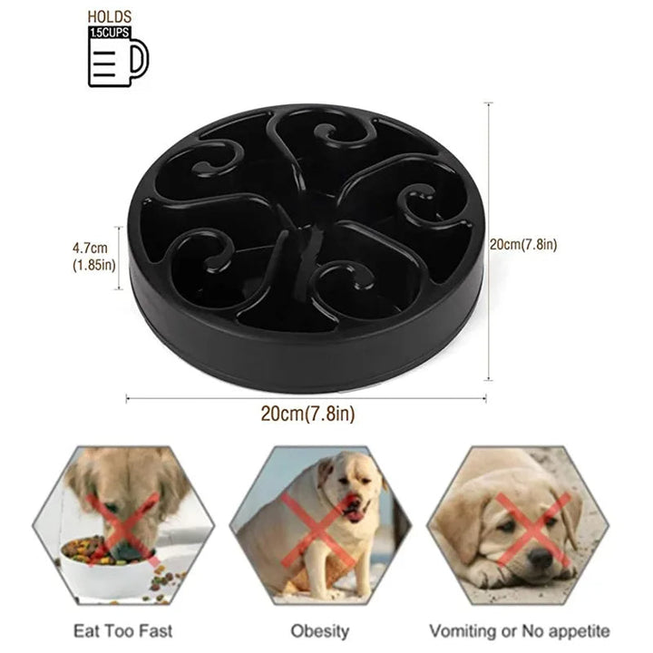"Purple slow feeder dog bowl with anti-flip base, featuring engaging grooves for slower eating and better digestion."