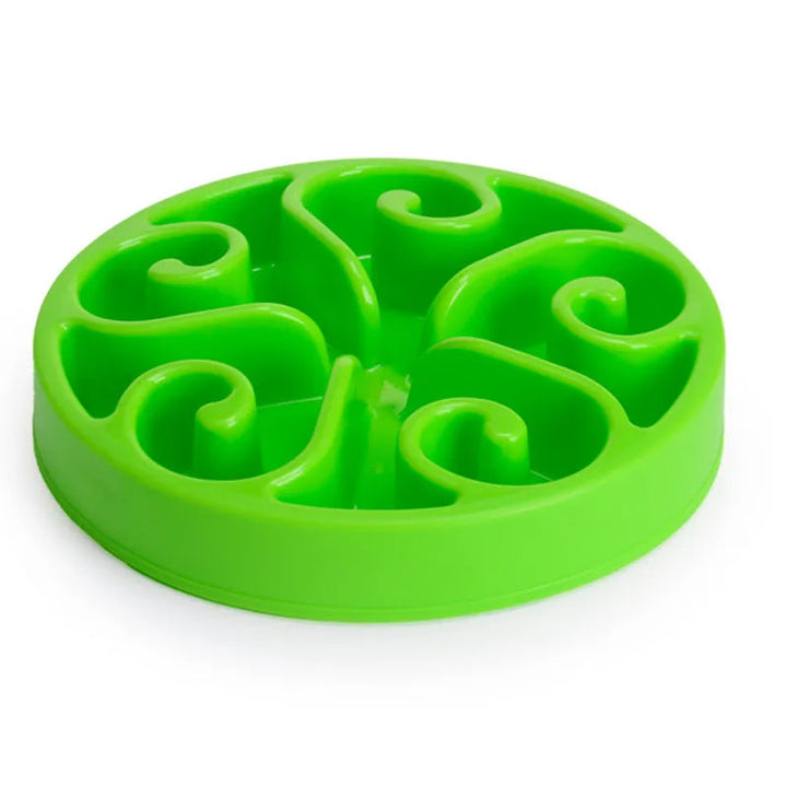 "Purple slow feeder dog bowl with anti-flip base, featuring engaging grooves for slower eating and better digestion."