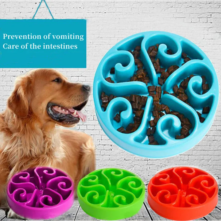 "Purple slow feeder dog bowl with anti-flip base, featuring engaging grooves for slower eating and better digestion."