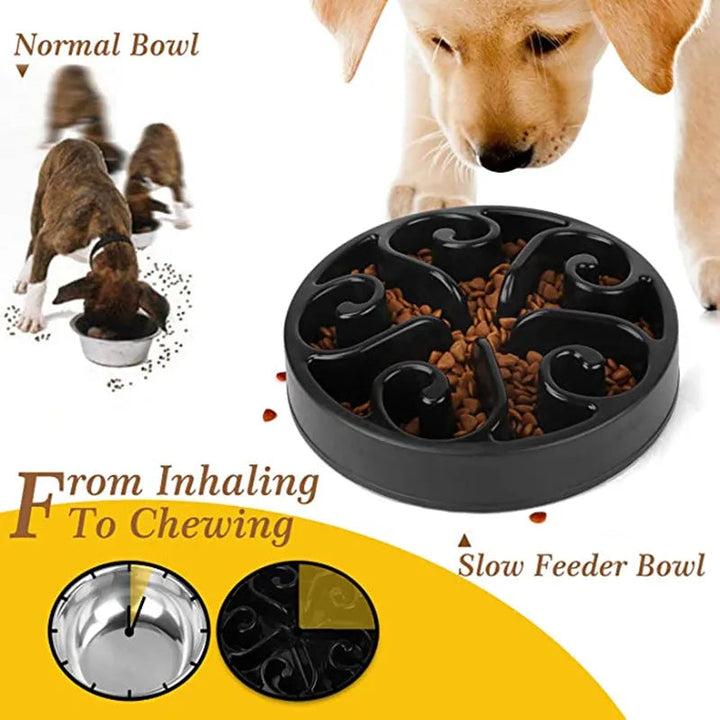 "Purple slow feeder dog bowl with anti-flip base, featuring engaging grooves for slower eating and better digestion."