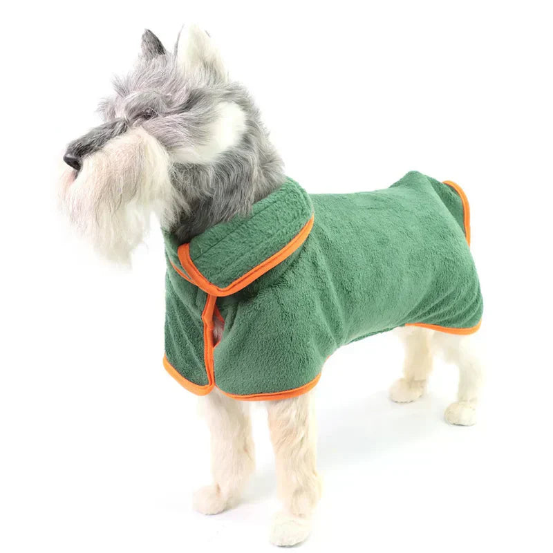 "Quick-drying dog bathrobe in soft blue microfiber, snug fit with Velcro closures, ideal for cozy warmth after baths."