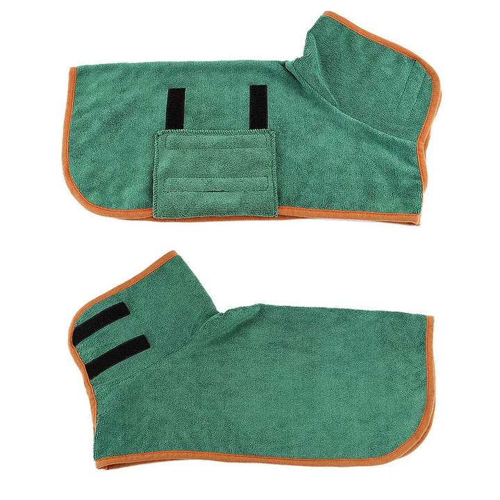 "Quick-drying dog bathrobe in soft blue microfiber, snug fit with Velcro closures, ideal for cozy warmth after baths."