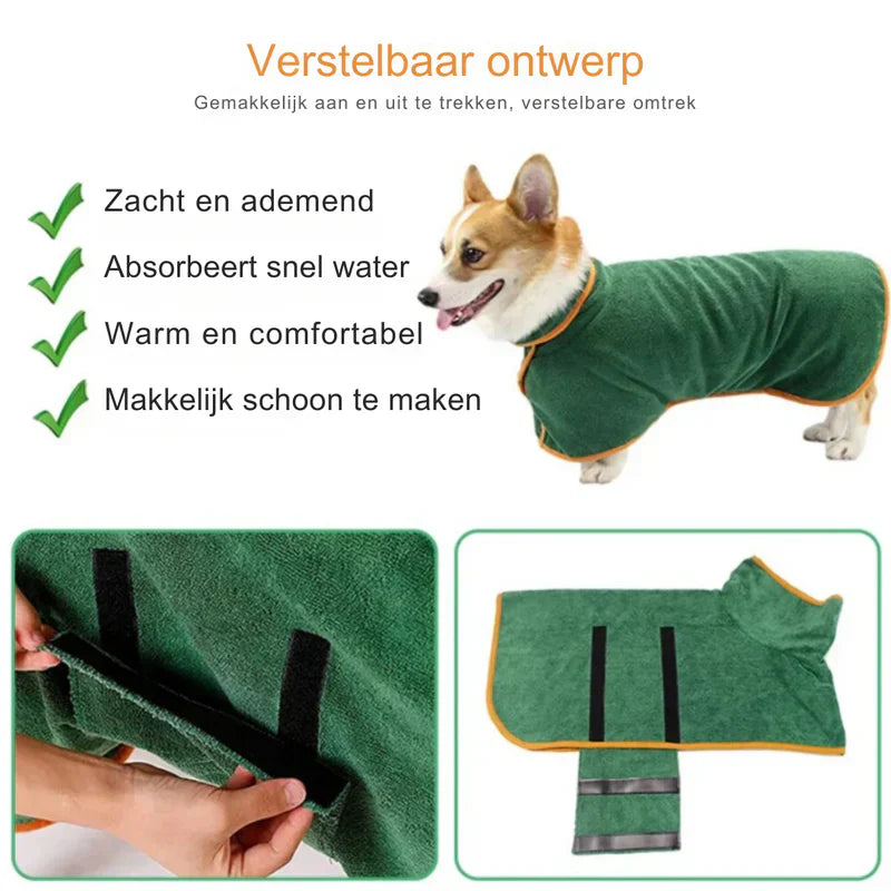 "Quick-drying dog bathrobe in soft blue microfiber, snug fit with Velcro closures, ideal for cozy warmth after baths."