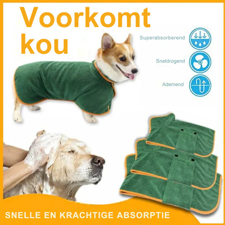 "Quick-drying dog bathrobe in soft blue microfiber, snug fit with Velcro closures, ideal for cozy warmth after baths."