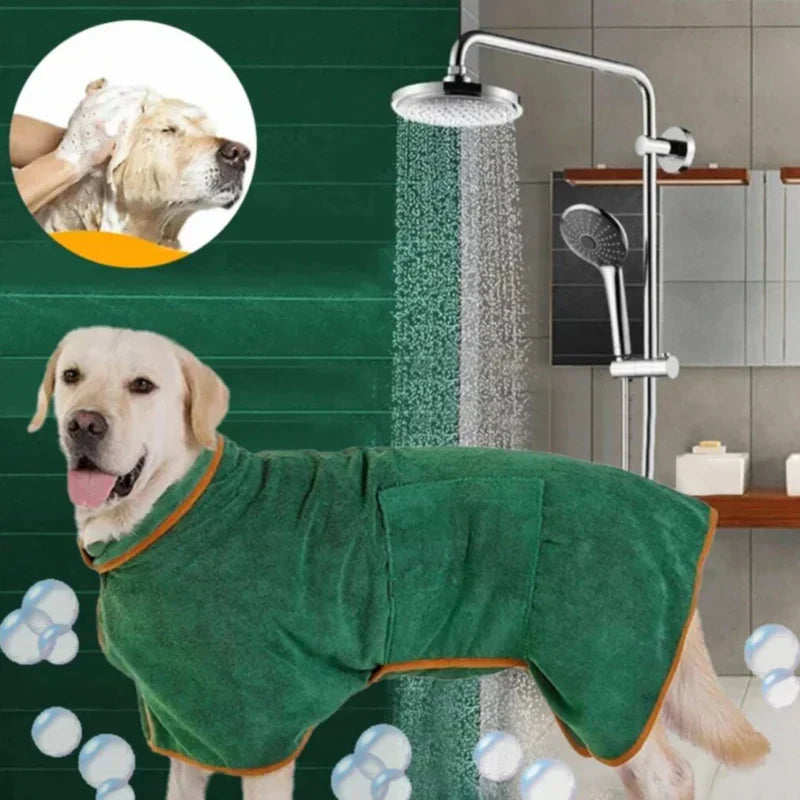"Quick-drying dog bathrobe in soft blue microfiber, snug fit with Velcro closures, ideal for cozy warmth after baths."