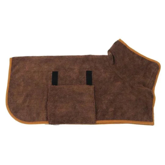 "Quick-drying dog bathrobe in soft blue microfiber, snug fit with Velcro closures, ideal for cozy warmth after baths."