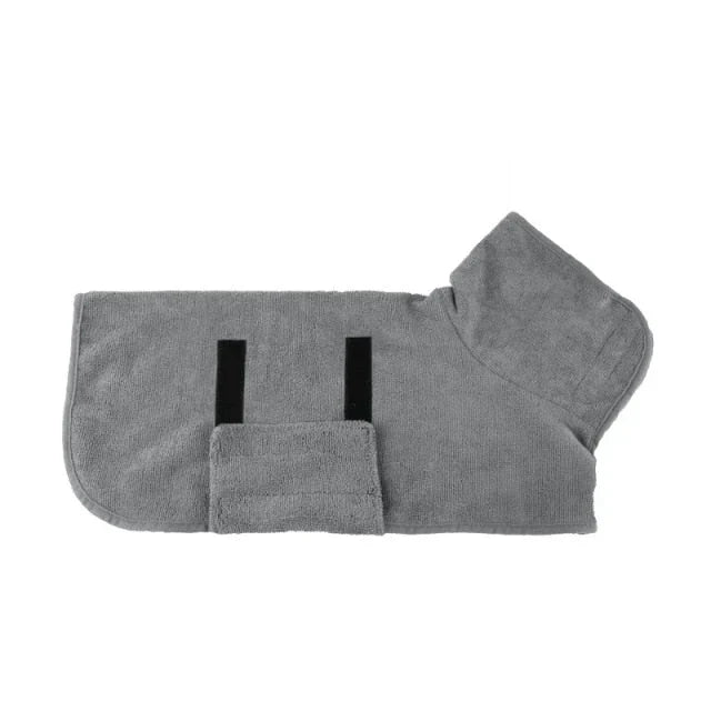 "Quick-drying dog bathrobe in soft blue microfiber, snug fit with Velcro closures, ideal for cozy warmth after baths."