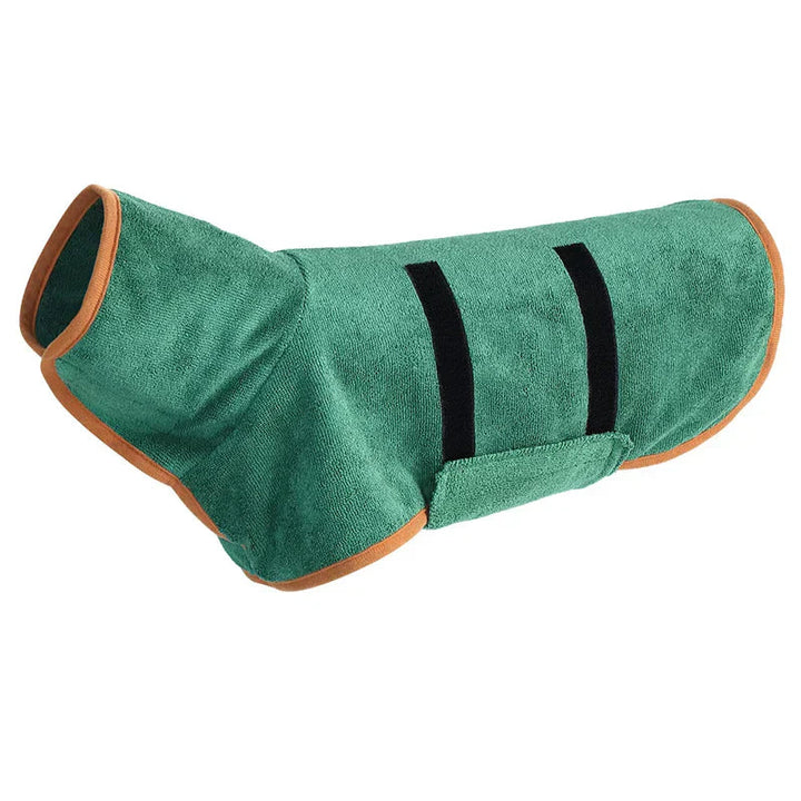 "Quick-drying dog bathrobe in soft blue microfiber, snug fit with Velcro closures, ideal for cozy warmth after baths."