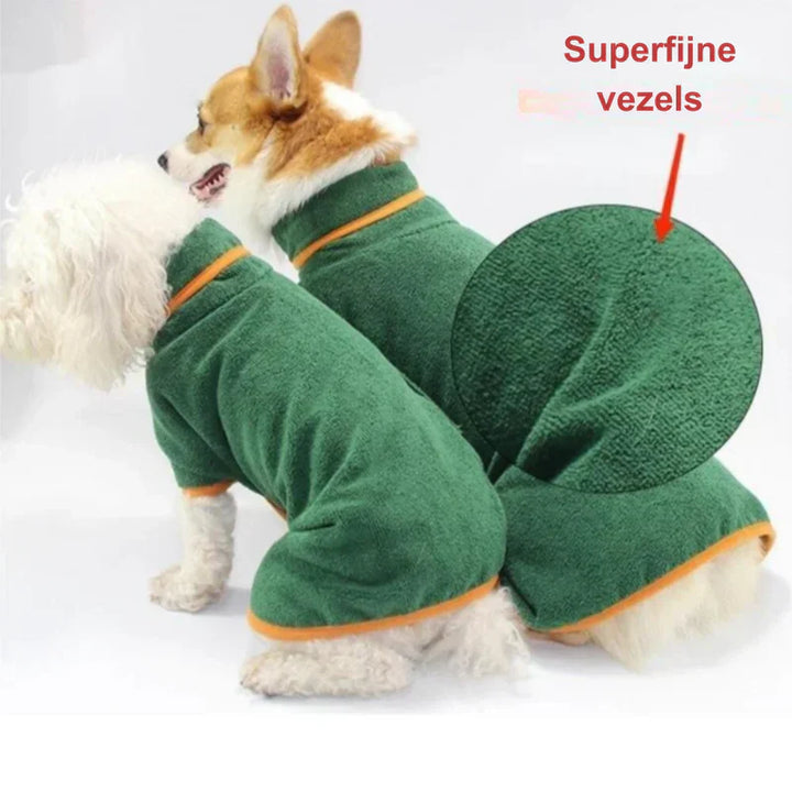 "Quick-drying dog bathrobe in soft blue microfiber, snug fit with Velcro closures, ideal for cozy warmth after baths."