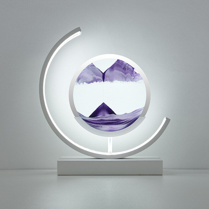 Quicksand art table lamp with rotating sand patterns, 360-degree rotation, elegant design, soft LED light, stress relief.