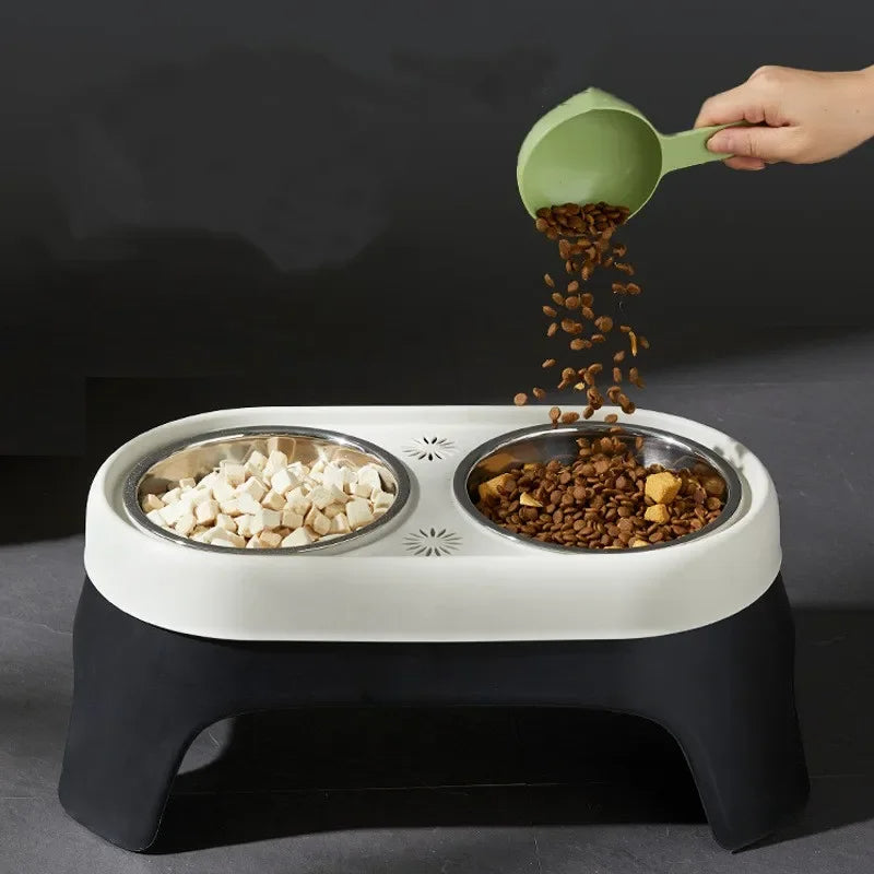 "Raised dog feeding station with sleek stainless steel bowls on a stable, non-slip base for mess-free, stylish dining."