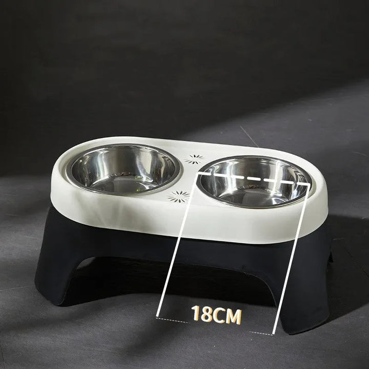 "Raised dog feeding station with sleek stainless steel bowls on a stable, non-slip base for mess-free, stylish dining."