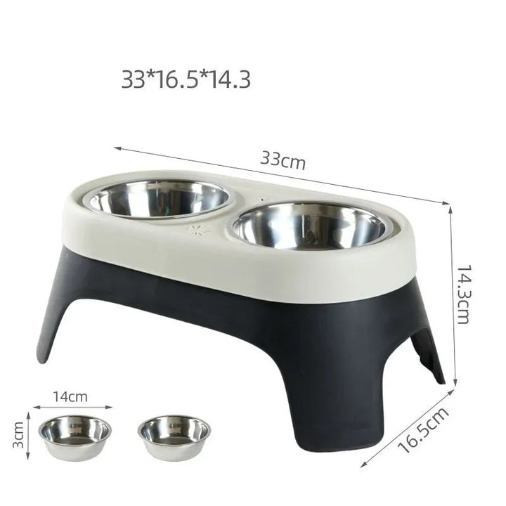 "Raised dog feeding station with sleek stainless steel bowls on a stable, non-slip base for mess-free, stylish dining."