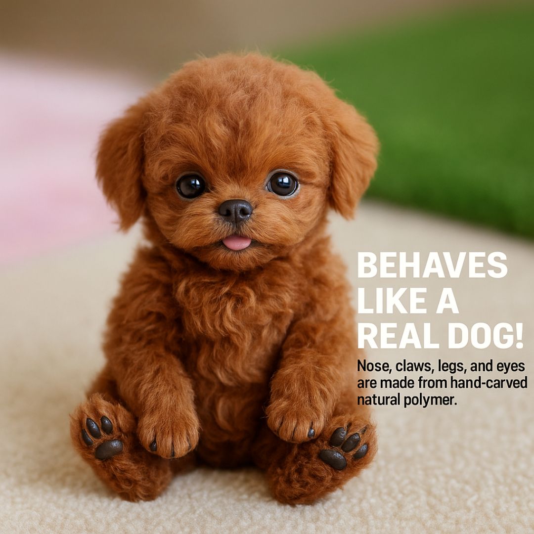 Realistic interactive robot puppy with lifelike features, expressive eyes, and soft texture for home companionship.