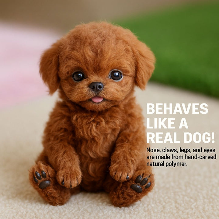 Realistic interactive robot puppy with lifelike features, expressive eyes, and soft texture for home companionship.